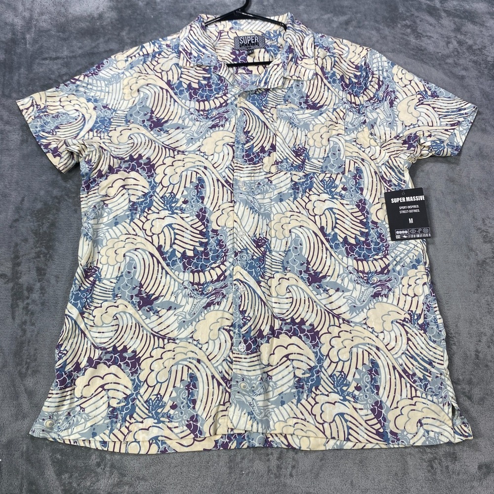 Massive Shirt Men Medium Dragon Print Ocean Wave Short Sleeve Button Rayon NEW